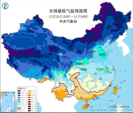 图2 2020年12月28日20时至31日08时过程最低气温预报